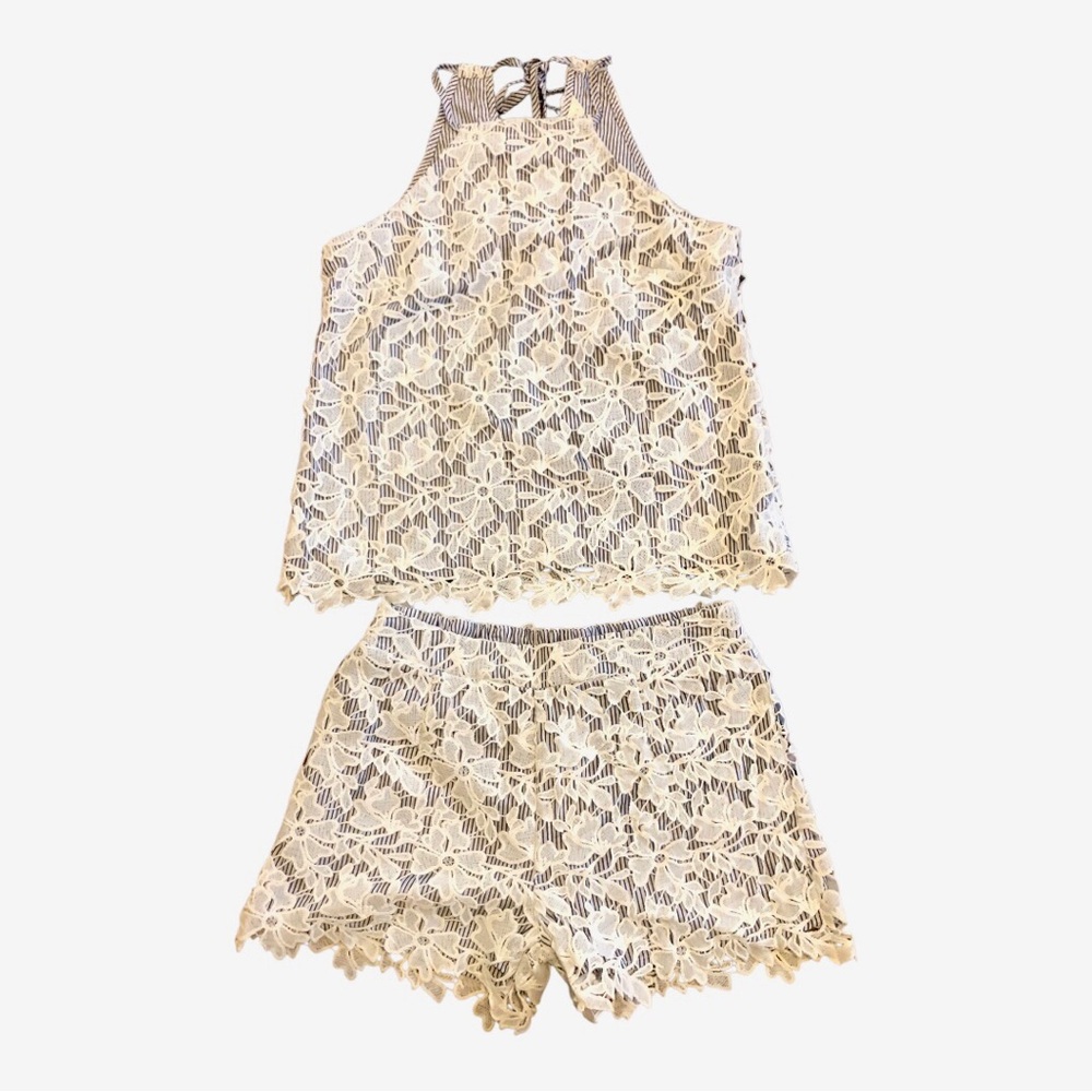 Adiva NWT Two Piece Shorts & Top Set Blue and White Stripe Lace Overlay Small